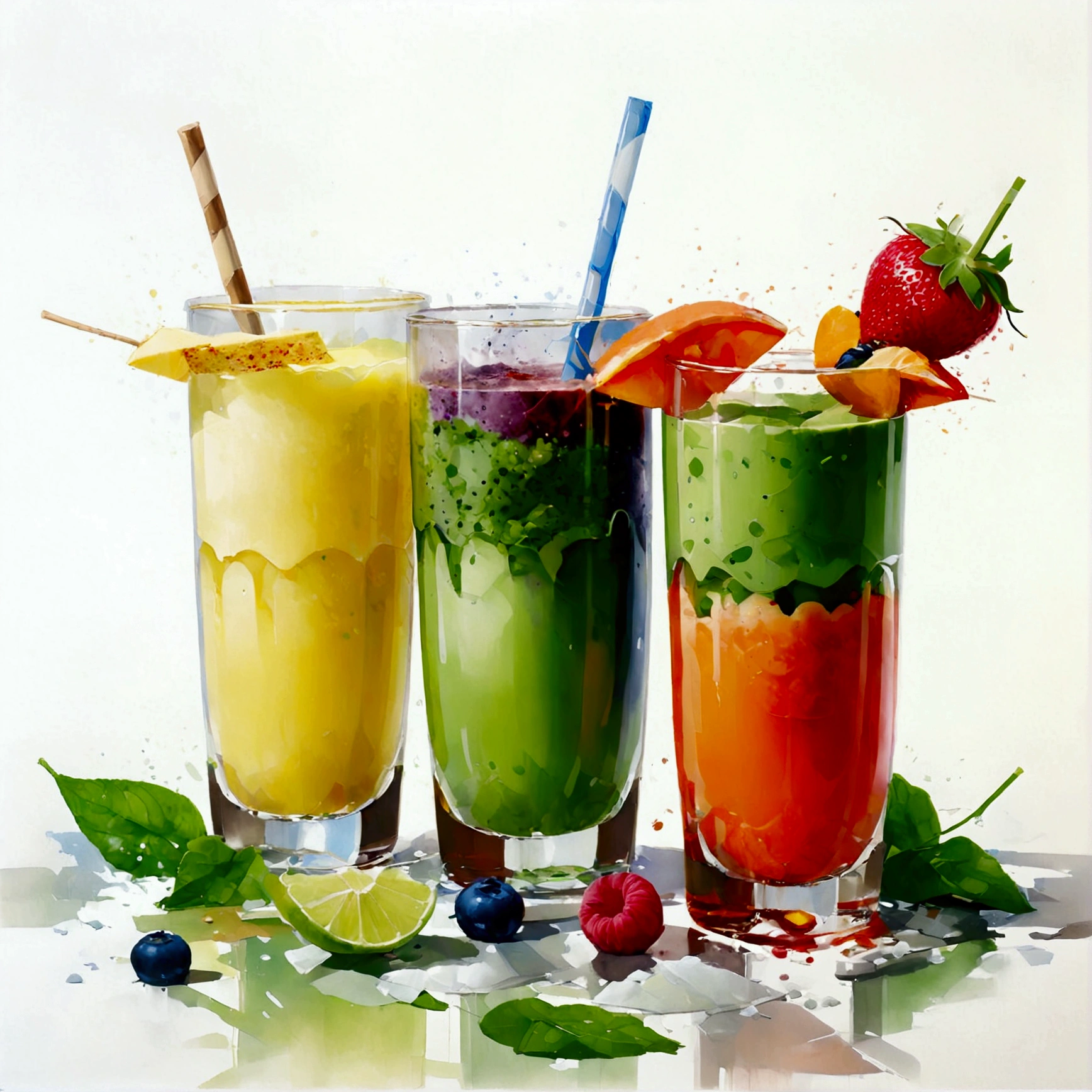 here are two types of colorful healthy drinks, two glasses, the glasses sitting on a surface, juices, smoothie and infused water , illustration, isolated with solid white background, surrounded with negative space, centered composition, highest detailed painting, very precise line, Isolated, clear (((solid white background))), perspective angle of view, (lora:add-detail-xl:0), (masterpiece), (best quality), (oil and watercolor painting:1)