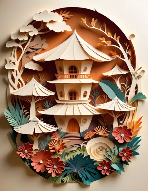 paper cuttings art of honai, honai is the traditional house of papuans, houses made of wood with a conical roof like a mushroom,...