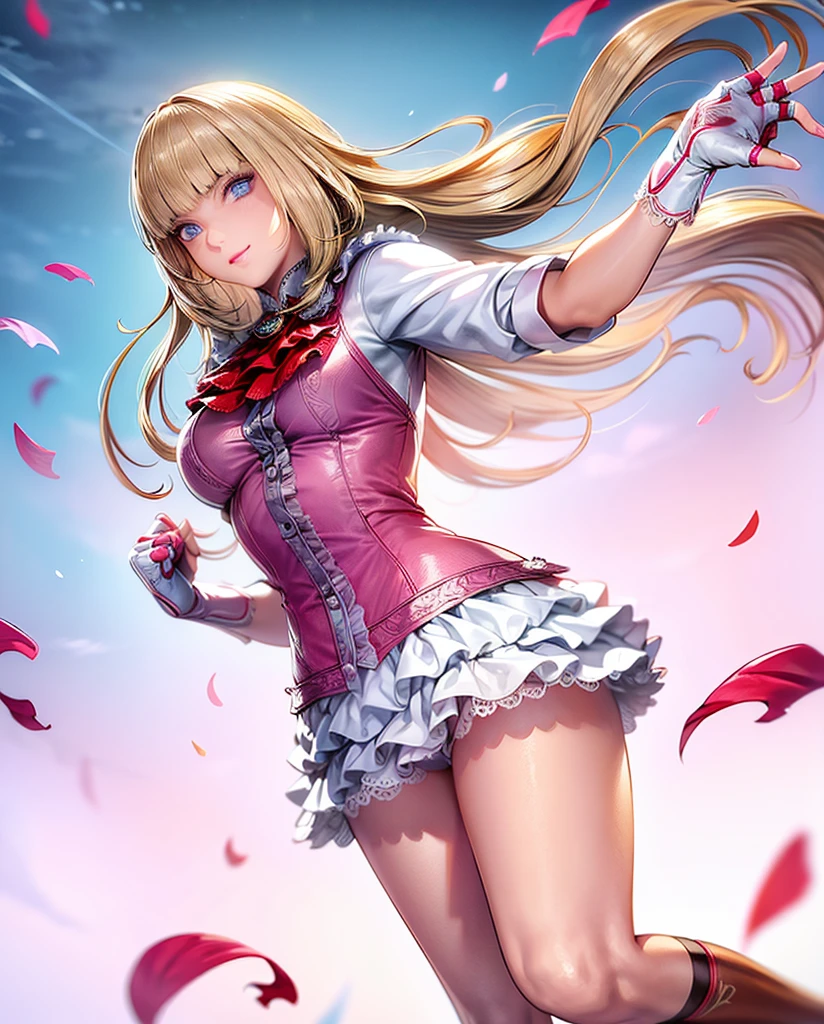 pink thighhighs:1, perfect eyes:1.2, detailed eyes:1.4, Emilie T8, blunt bangs, blue eyes, hands on hip, long hair, blonde hair, pink frilled dress, frilled ascot, fingerless gloves, smile, red eyeshadow:1.2, makeup:1.2, cowboy shot, 1girl, solo, (masterpiece:1.6, best quality), 8k, insane details, intricate details, hyperdetailed, hyper quality, high detail, ultra detailed, professional, HDR, ray tracing reflection, cinematic lighting,
