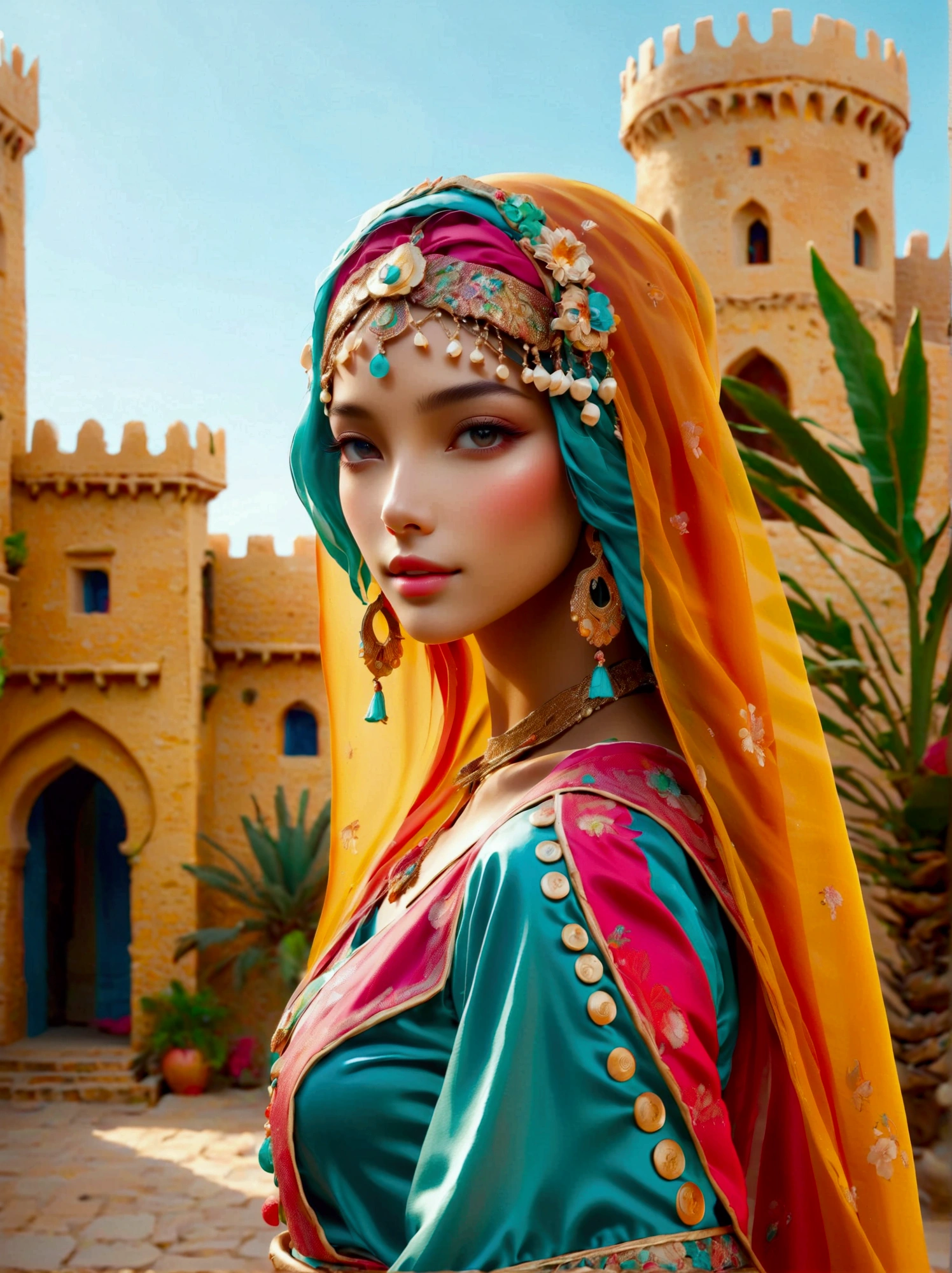 Desert Princess, Wear colorful traditional clothing, An atmosphere of magic and whimsy, Similar to the setting of an animation poster. She strikes a stunning pose in Algiers&#39; enchanting castle, Usually shot with a wide-angle lens, Show the grandeur of the venue, A passion for color and vitality. Special focus on depicting the essence of North African culture and heritage, Embodying her inherent royalty and femininity