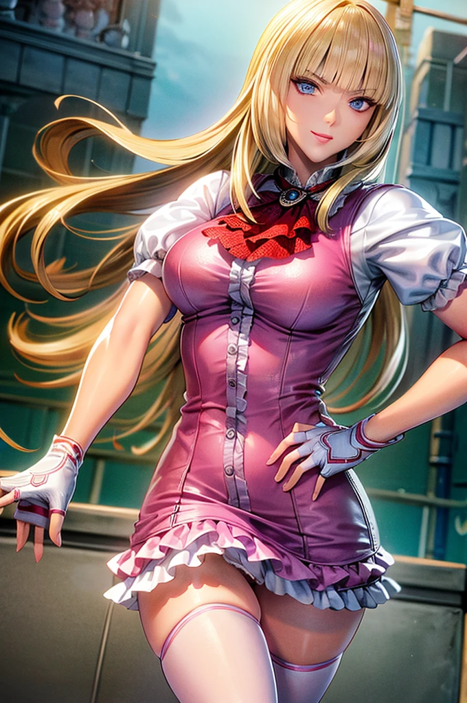 perfect eyes:1.2, detailed eyes:1.4, Emilie T8, blunt bangs, blue eyes, happy, hands on hip, long hair, blonde hair, pink thighhighs, pink frilled dress, frilled ascot, fingerless gloves, smile, red eyeshadow:1.2, makeup:1.2, cowboy shot, 1girl, solo, (masterpiece:1.6, best quality), 8k, insane details, intricate details, hyperdetailed, hyper quality, high detail, ultra detailed, professional, HDR, ray tracing reflection, cinematic lighting,
