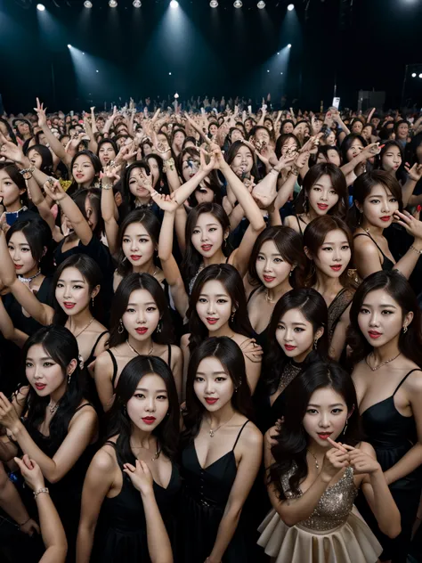 masterpiece, main stage, korean girl band, mini dress, crowd, cinematic, five girls, line up, group_photograph, multiple girls,