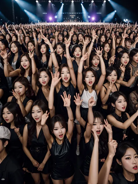 masterpiece, main stage, korean girl band, mini dress, crowd, cinematic, five girls, line up, group_photograph, multiple girls,