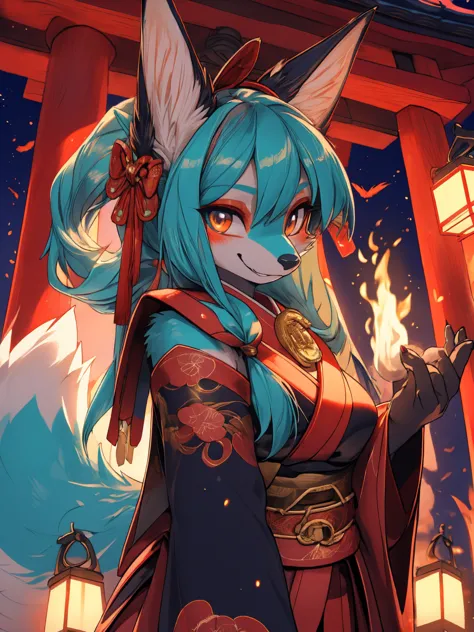 miku hatsune, add high definition_detail:1, blue fur,kitsune ears, tribal tattoo add_detail:1, showing her beautiful figure, jap...