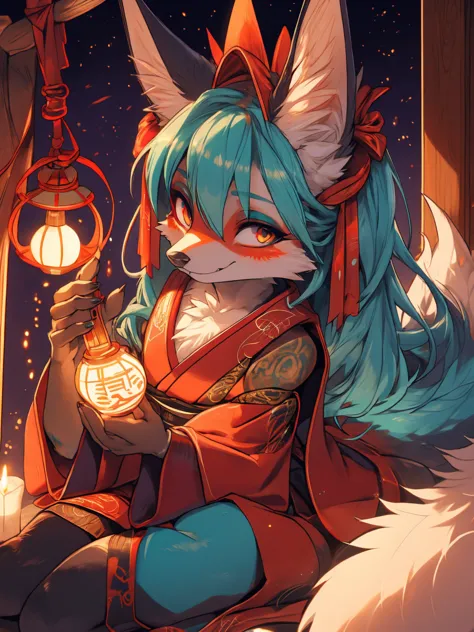 miku hatsune, add high definition_detail:1, blue fur,kitsune ears, tribal tattoo add_detail:1, showing her beautiful figure, jap...