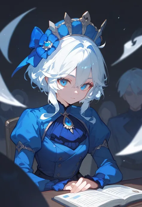 Court, girl, white hair, blue clothes