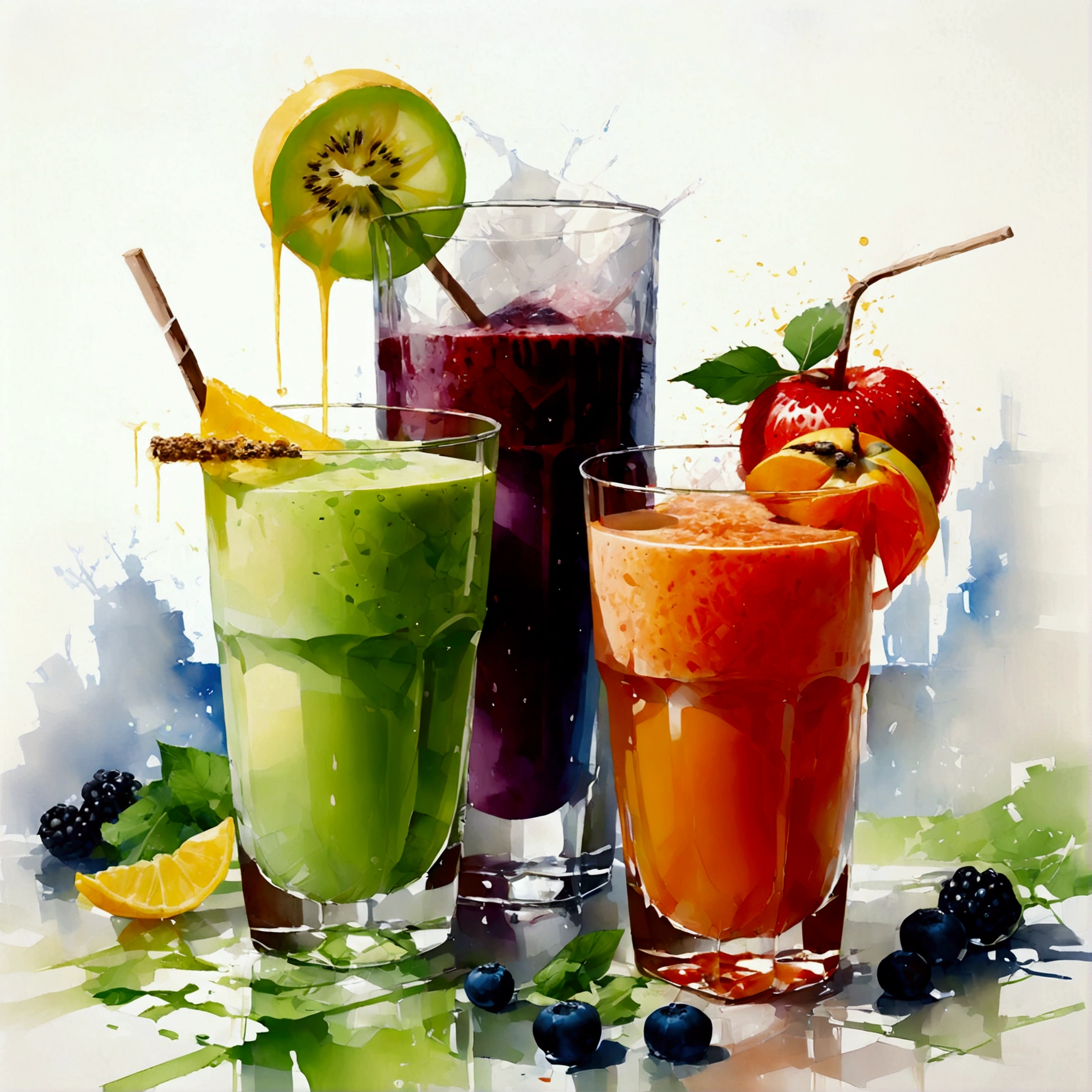 there are two types of colorful healthy drinks, two glasses, the glasses sitting on a surface, juices, smoothie and infused water , illustration, isolated with solid white background, surrounded with negative space, centered composition, highest detailed painting, very precise line, Isolated, clear (((solid white background))), perspective angle of view, (lora:add-detail-xl:0), (masterpiece), (best quality), (oil and watercolor painting:1)