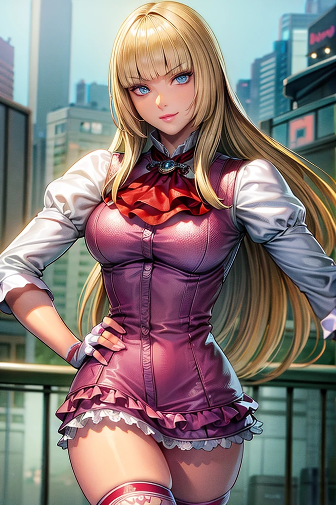 perfect eyes:1.2, detailed eyes:1.4, Emilie T8, blunt bangs, blue eyes, happy, hands on hip, long hair, blonde hair, pink thighhighs, pink frilled dress, frilled ascot, fingerless gloves, smile, red eyeshadow:1.2, makeup:1.2, cowboy shot, 1girl, solo, (masterpiece:1.6, best quality), 8k, insane details, intricate details, hyperdetailed, hyper quality, high detail, ultra detailed, professional, HDR, ray tracing reflection, cinematic lighting,
