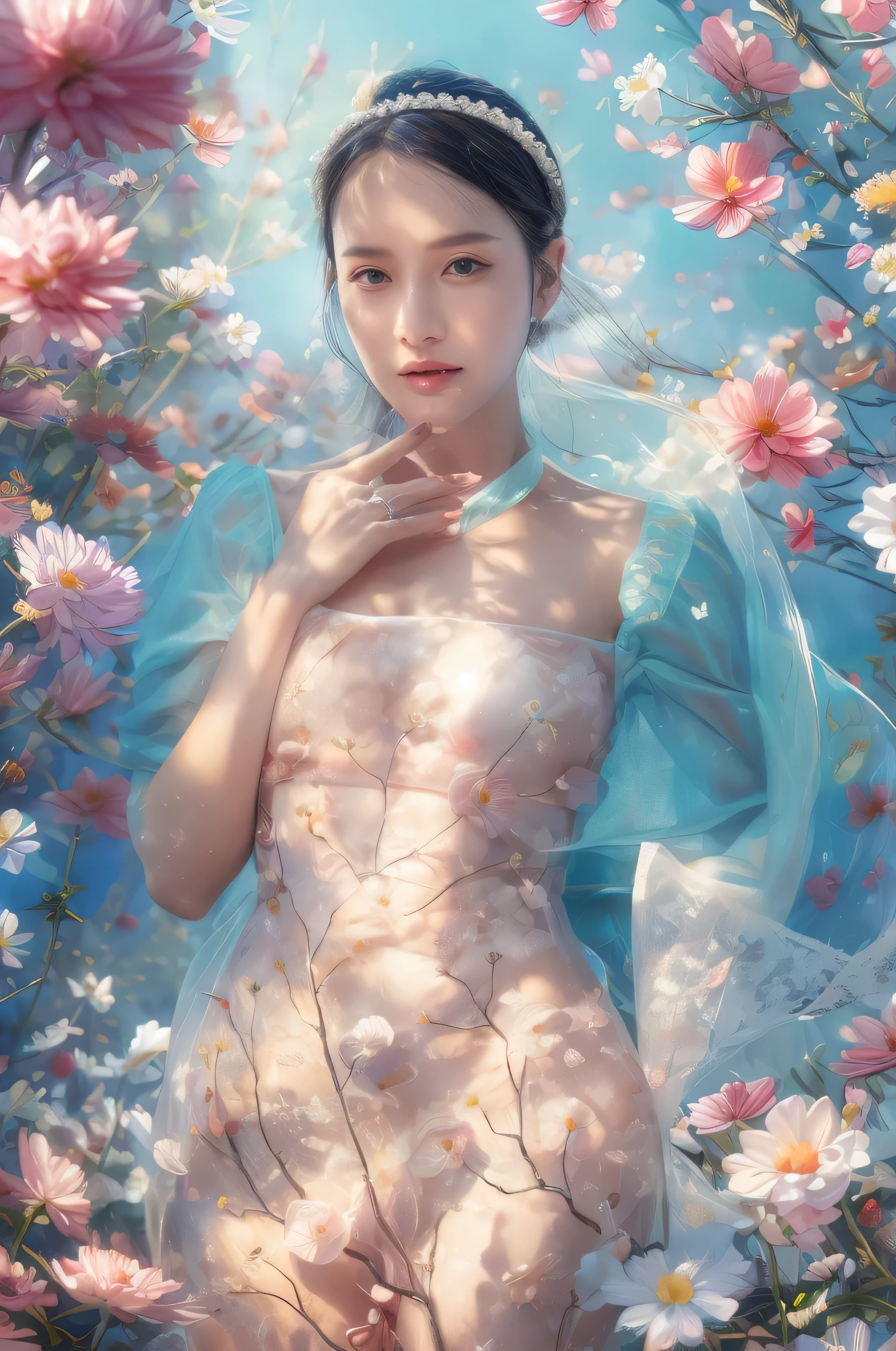 (fashion magazine blockbuster:1.2),(attractive woman:1.3),(beautiful and delicate eyes:1.2),(fashion clothing design:1.2),(tulle texture:1.1),turquoise flowers,surrounded by flowers,crystal clear dew,fresh and elegant,(flowers blooming wildly:1.2),delicate buds,turquoise atmosphere,(masterpiece:1,2),best quality,masterpiece,highres,original,extremely detailed wallpaper,perfect lighting,(extremely detailed CG:1.2)flowers,turquoise flowers,full_body, huge_chest, whole body