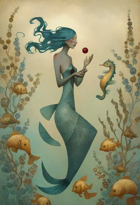 art style by klimt, sam toft, florine stettheimer, dina wakley, catrin welz-stein, gabriel pacheco, elisabeth fredriks.  a merma...