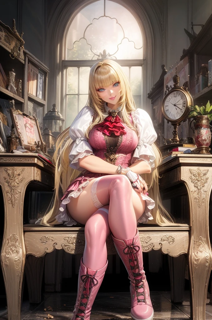 perfect eyes:1.2, detailed eyes:1.4, Emilie T8, blunt bangs, blue eyes, long hair, blonde hair, thighhighs, lace-up boots, pink frilled dress, frilled ascot, fingerless gloves, smile, red eyeshadow:1.2, makeup:1.2, cowboy shot, 1girl, solo, (masterpiece:1.6, best quality), 8k, insane details, intricate details, hyperdetailed, hyper quality, high detail, ultra detailed, professional, HDR, ray tracing reflection, cinematic lighting,