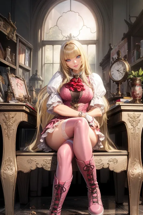 perfect eyes:1.2, detailed eyes:1.4, emilie t8, blunt bangs, blue eyes, long hair, blonde hair, thighhighs, lace-up boots, pink ...