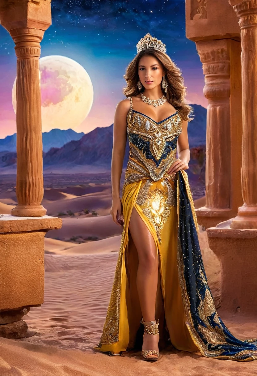 Arafed اللوحة الرقمية of a desert princess BREAK and her pet أسد امريكي in her palace تفاصيل عالية, أفضل جودة, 16 ك, f a female human princess and her pet أسد امريكي, أميرة الصحراء, جسم كامل, ((صحيح تشريحيا: 1.5)) ((واقفا: 1.5)) سلوك الملوك بفخر, امراة, (أفضل وجه مفصل: 1.5), وجه مفصل للغاية, يرتدي اللباس الصحراوي الملكي, مزينة بالأحجار الكريمة, ارتداء تاج الأميرة, انقسام صغير, حذاء بكعب عالٍ من الجلد المعقد عالي الفخذ, شعر كثيف, شعر طويل, شعر بني, البشرة السمراء، العيون البنية الشديدة, صحرائها الملحمية (أسد امريكي : 1.3) ملقاة عند قدميها, حراسة لها, قصر صحراوي خيالي ملحمي في واحة في الخلفية (تفاصيل معقدة, تحفة, أفضل جودة: 1.5) ليلة, ضوء القمر, النجوم ,زاوية واسعة, الحائز على جائزة, أفضل جودة, جودة عالية, تفاصيل عالية, دقة عالية, نابض بالحياة, دقة فائقة, تباين عالي, (تحفة:1.5), اعلى جودة, أفضل الجماليات, أفضل التفاصيل, أفضل جودة, دقة عالية, زاوية واسعة جدًا, 16 ك, [مفصلة للغاية], تحفة, أفضل جودة, أسلوب الفن تشومباسكت, فيلم هوليوود السينمائي, اللوحة الرقمية