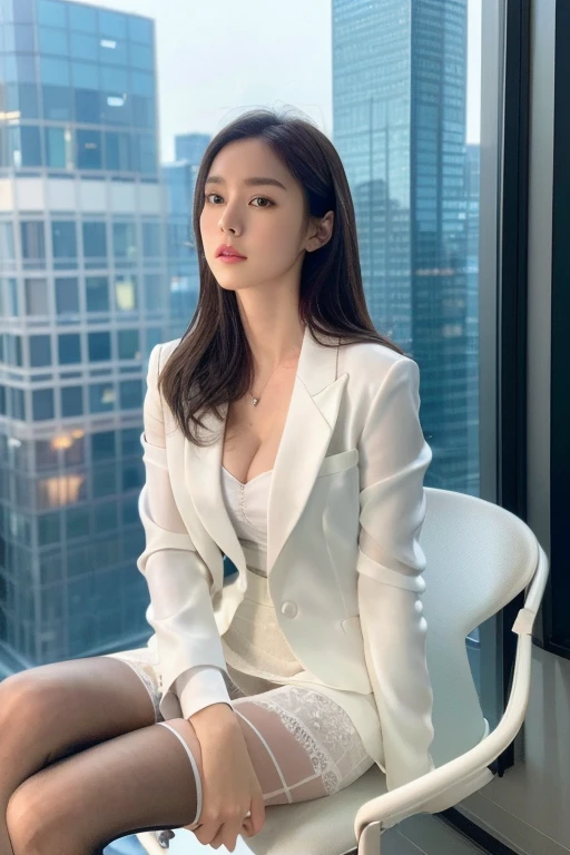 ((Highest quality、Ultra-high resolution、masterpiece、Realistic raw photo))、(Delicate face、Detailed eyes and face、Watery eyes、double eyelid、Glossy lips), 1 girl 、Very beautiful woman、Slender、Slim Big、Beautiful feet、Sharp long legs、Enchanting and luxurious、(White blazer、White midi skirt:1.2)、((black silk pantyhose))、High heels、Cleavage、High-definition skin texture、Kind expression、High-rise office、The night view can be seen from the large window、Detailed Background、Sitting in a chair、Full Body Portrait、Professional Lighting、((Perfect Anatomy、Anatomically correct))
