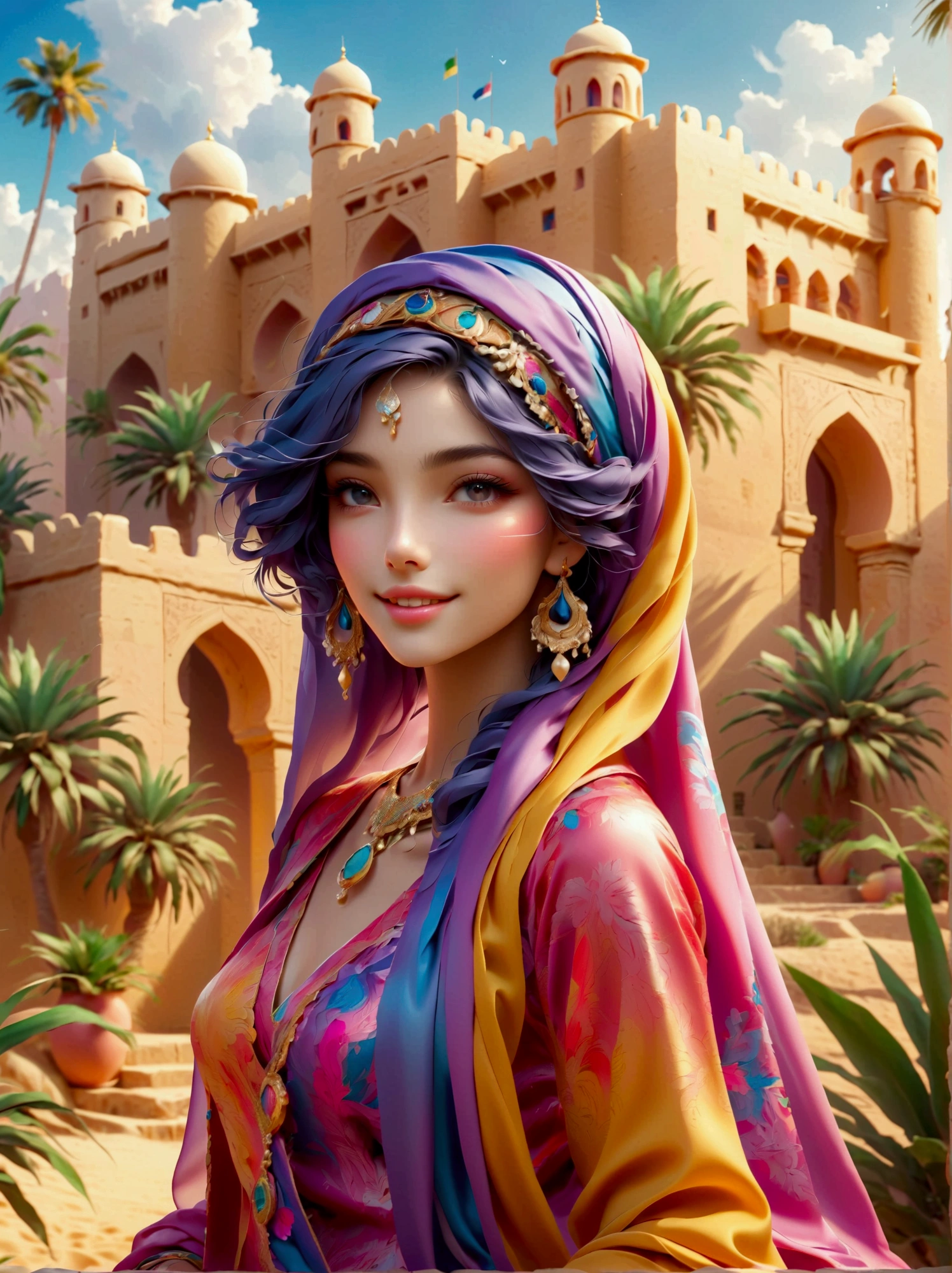 Desert Princess, Wear colorful traditional clothing, An atmosphere of magic and whimsy, Similar to the setting of an animation poster. She strikes a stunning pose in Algiers&#39; enchanting castle, Sweet smile，Usually shot with a wide-angle lens, Show the grandeur of the venue, A passion for color and vitality. Special focus on depicting the essence of North African culture and heritage, Embodying her inherent royalty and femininity，