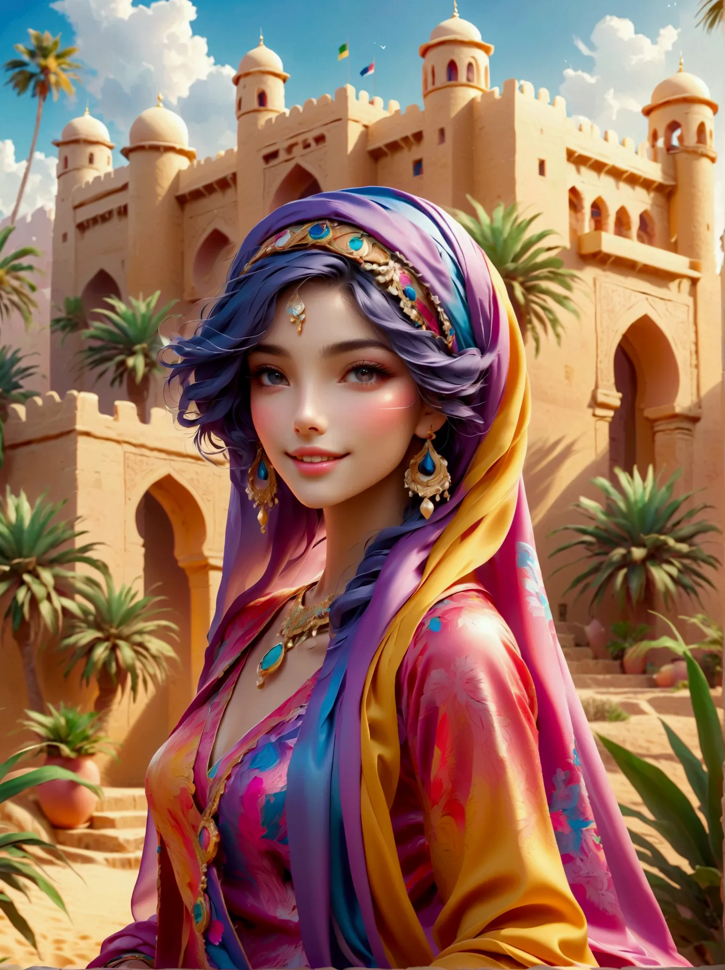 Desert Princess, Wear colorful traditional clothing, An atmosphere of magic and whimsy, Similar to the setting of an animation p...