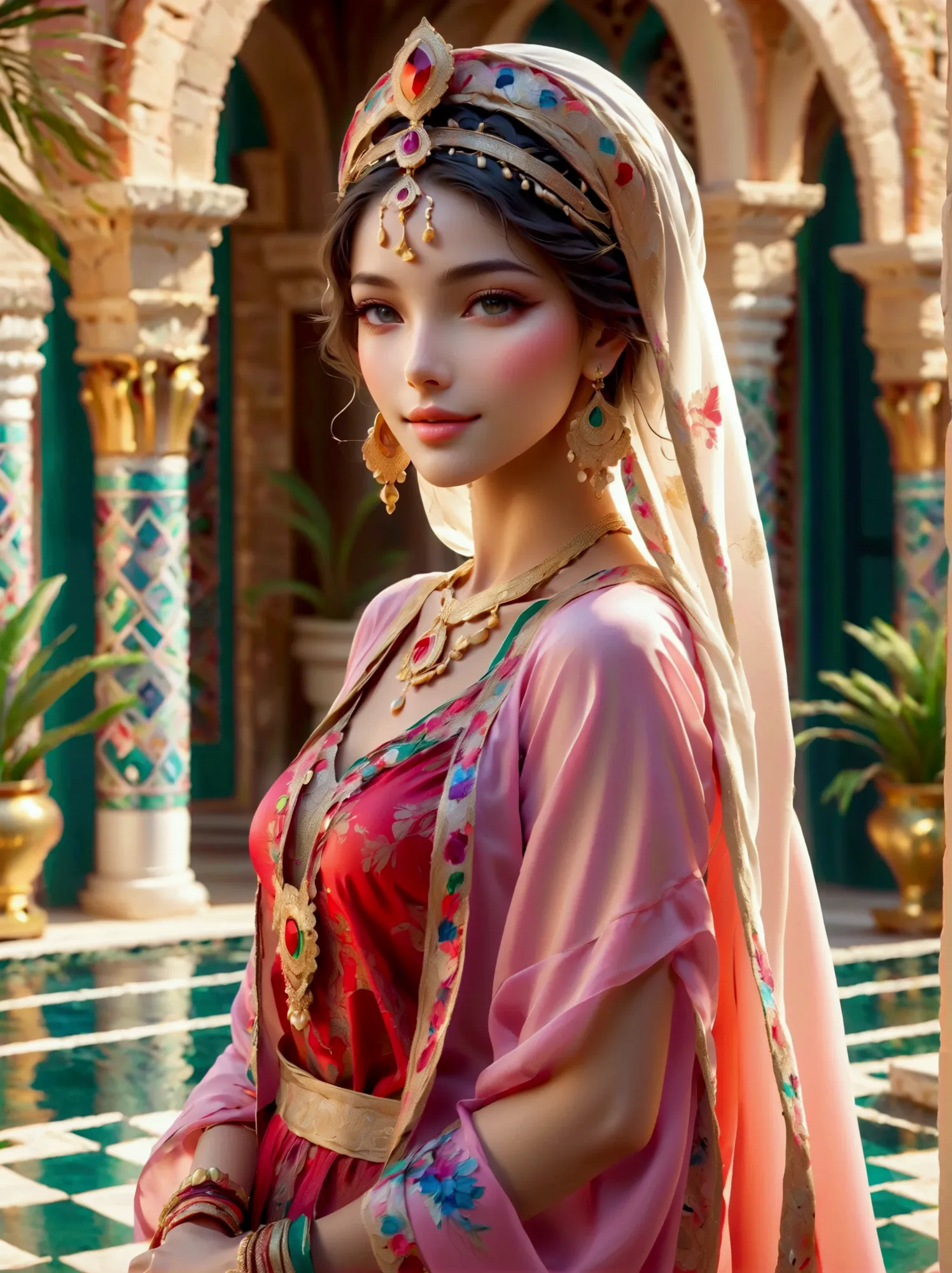 Desert Princess, Wear colorful traditional clothing, An atmosphere of magic and whimsy, Similar to the setting of an animation p...