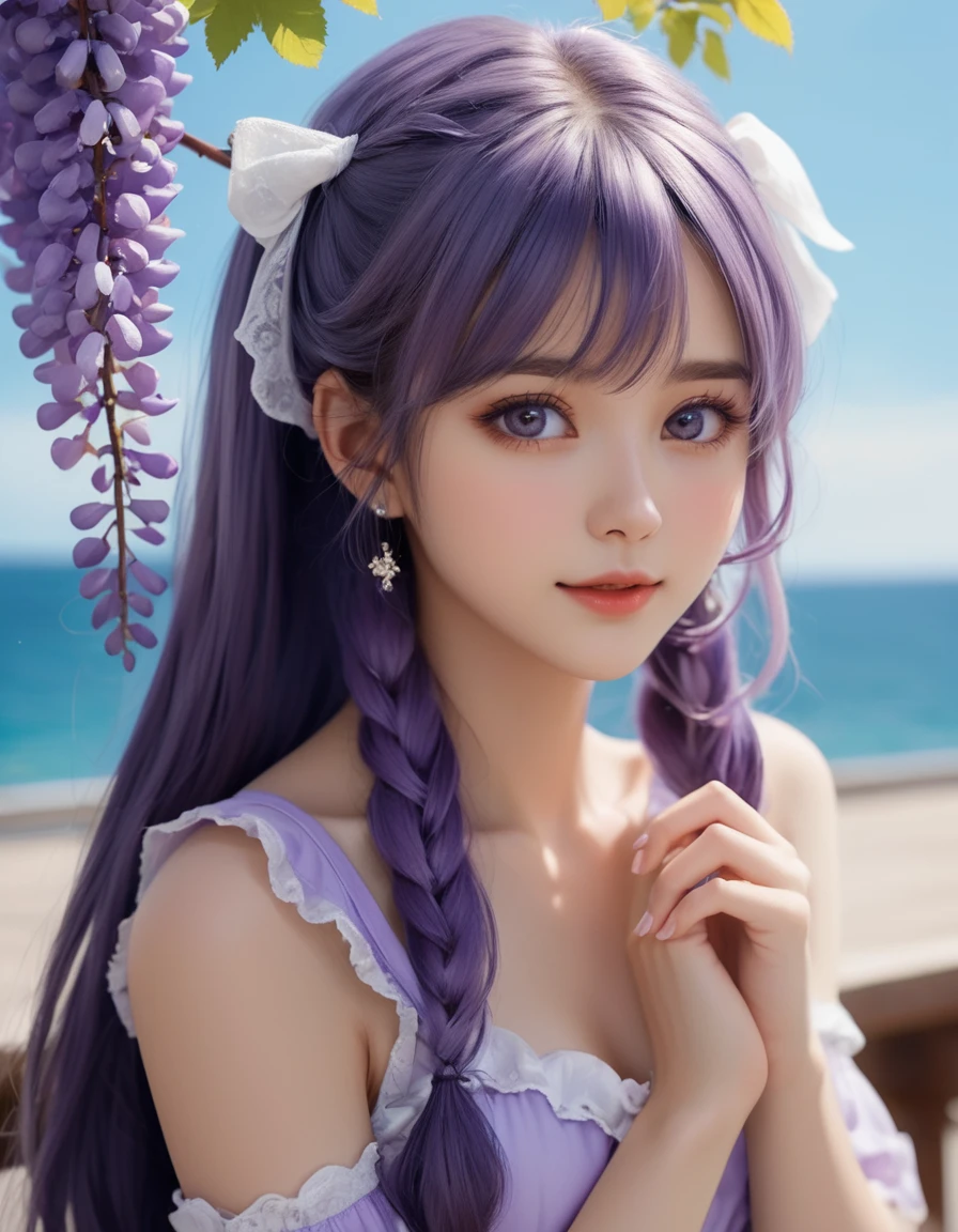 (close up face), extremely beautiful and tender girl, elegant pose, small smile, beautiful tender eyes symmetrical, (beautiful and detailed face), beautiful long (twintail) hair, (wisteria purple hair:1.3), blunt bangs, nice hands, perfect hands, bitter-sweet inspired motif frilly bikini, (seaside terrace), a lot of frills,