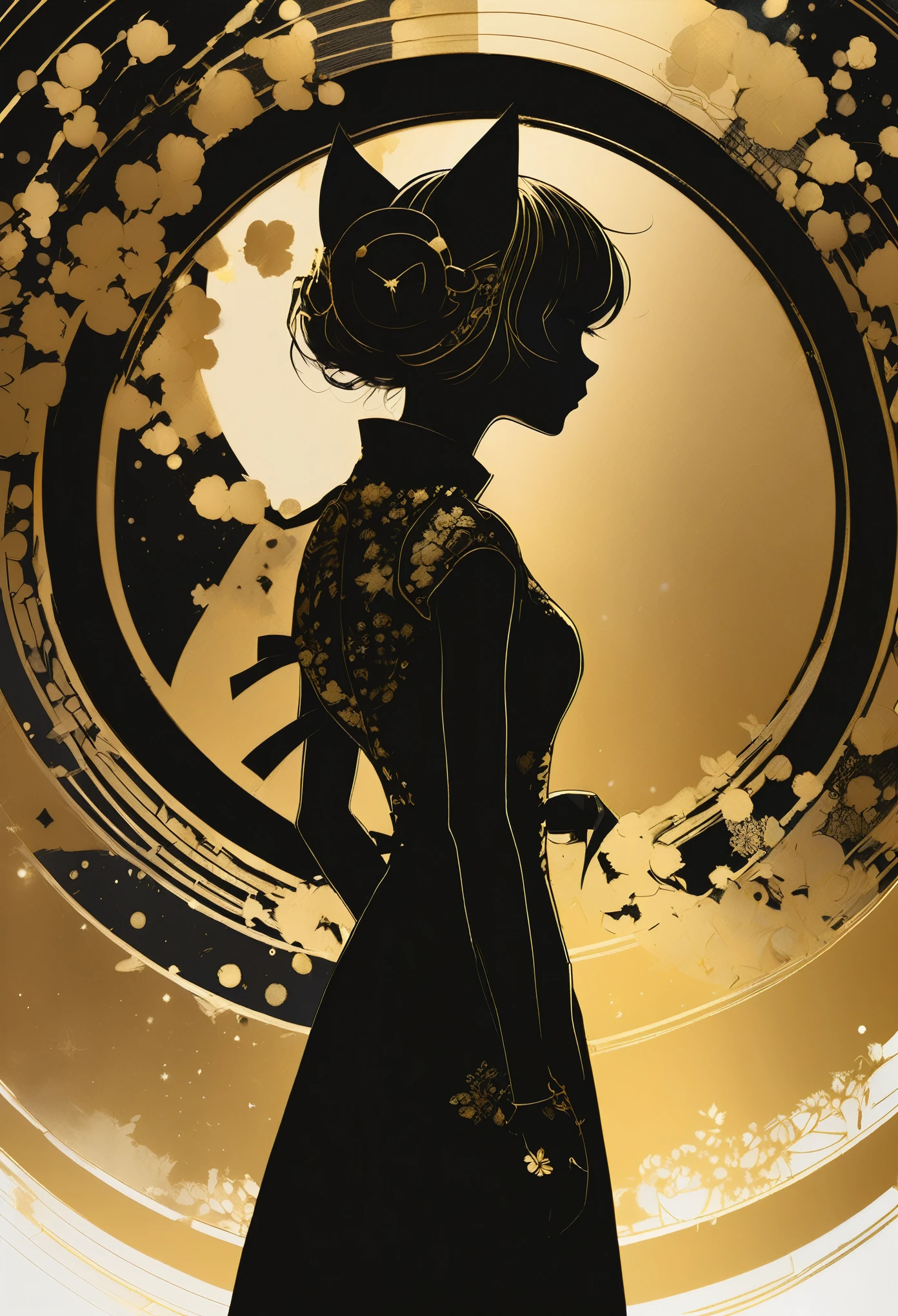 (Ashley Wood (Ashley Wood) style of:1.4)，Black and gold color combination，Anime silhouette style，1 Girl，Cat ear，Gorgeous黑色，Gold embroidered dress，Sparkling gold，There are some black silhouettes on the golden circular background，monochrome，Profile，90 degree tilt of neck，Face up，Oblique composition，(Extremely detailed and complex, Hyperpolarizers, elegant, Gorgeous, Surrealism, Very detailed:1.1)