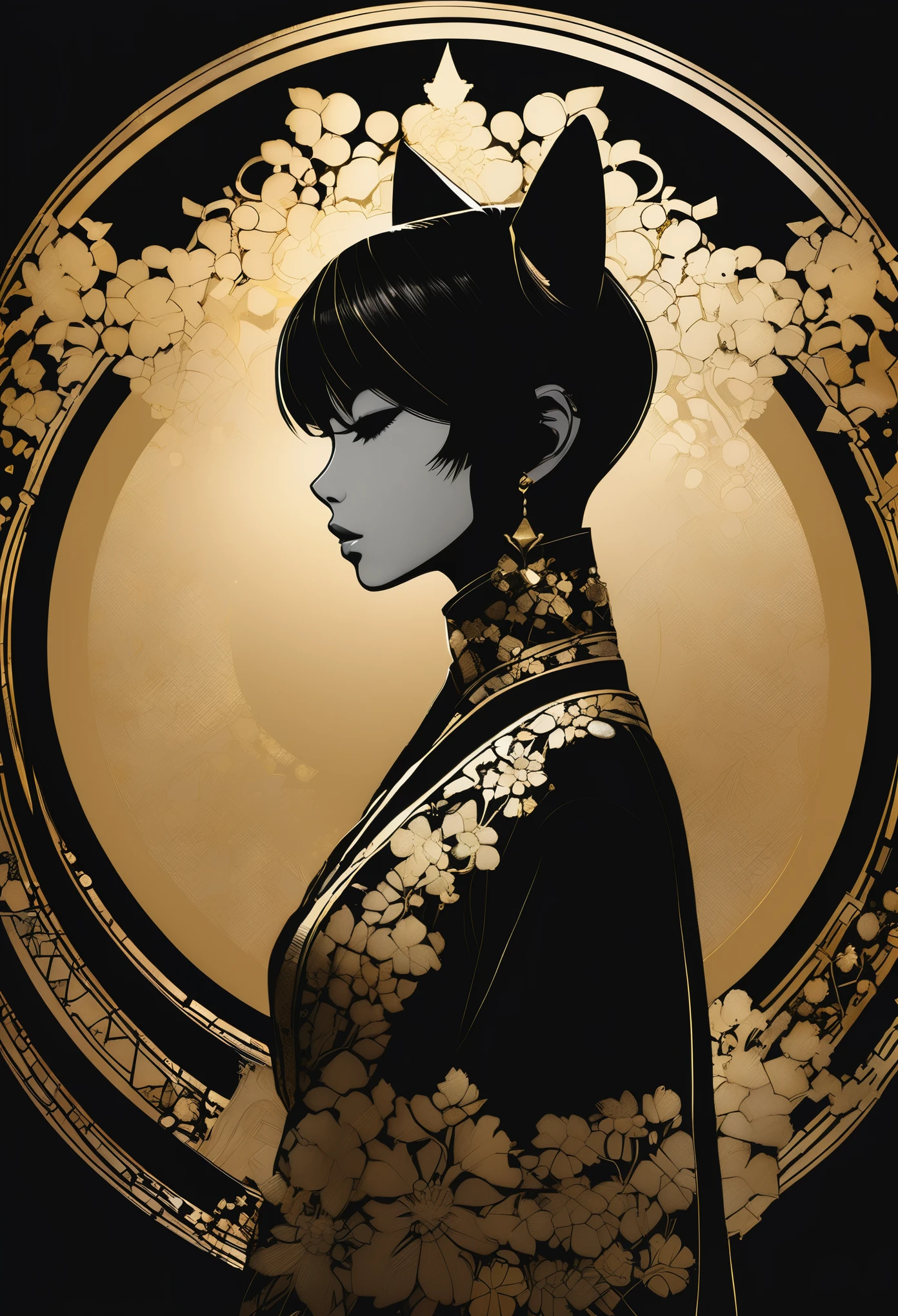 (Ashley Wood (Ashley Wood) style of:1.4)，Black and gold color combination，Anime silhouette style，1 Girl，Cat ear，Gorgeous黑色，Gold embroidered dress，Sparkling gold，There are some black silhouettes on the golden circular background，monochrome，Profile，90 degree tilt of neck，Face up，Oblique composition，(Extremely detailed and complex, Hyperpolarizers, elegant, Gorgeous, Surrealism, Very detailed:1.1)