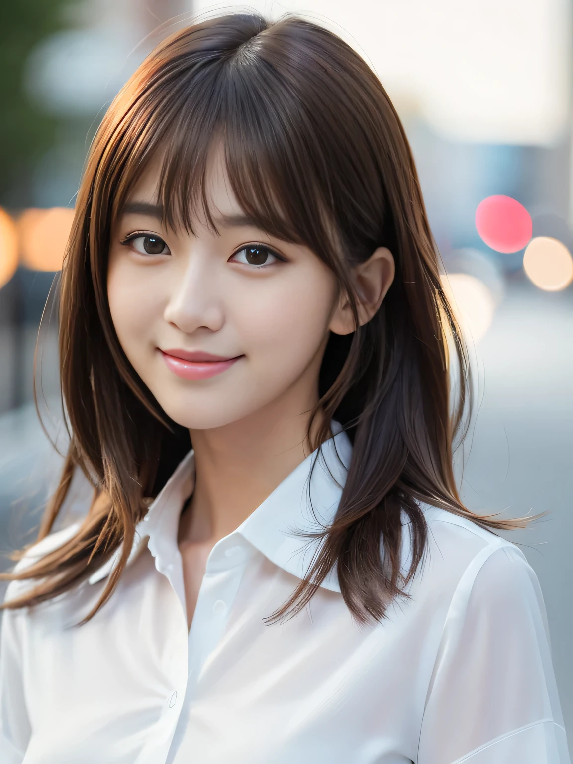 Ultra High Definition, Superior Quality, Premier Quality, ultra detailed, Photorealistic, 8k, RAW Photos, highest quality, masterpiece, Attractive girl, Stunning girl, Brown Hair, Shoulder Length Layered, asymmetrical bangs, K-pop Idol, Sophisticated girl, white shirt with collar, Shibuya, seductive smile, face close up