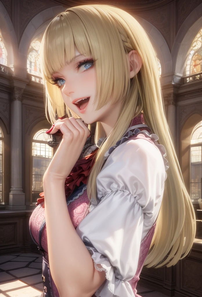 perfect eyes:1.2, detailed eyes:1.4, Emilie T8, blunt bangs, open mouth, blue eyes, long hair, blonde hair, thighhighs, lace-up boots, pink frilled dress, frilled ascot, fingerless gloves, smile, red eyeshadow:1.2, makeup:1.2, 1girl, solo, (masterpiece:1.6, best quality), 8k, insane details, intricate details, hyperdetailed, hyper quality, high detail, ultra detailed, professional, HDR, ray tracing reflection, cinematic lighting,