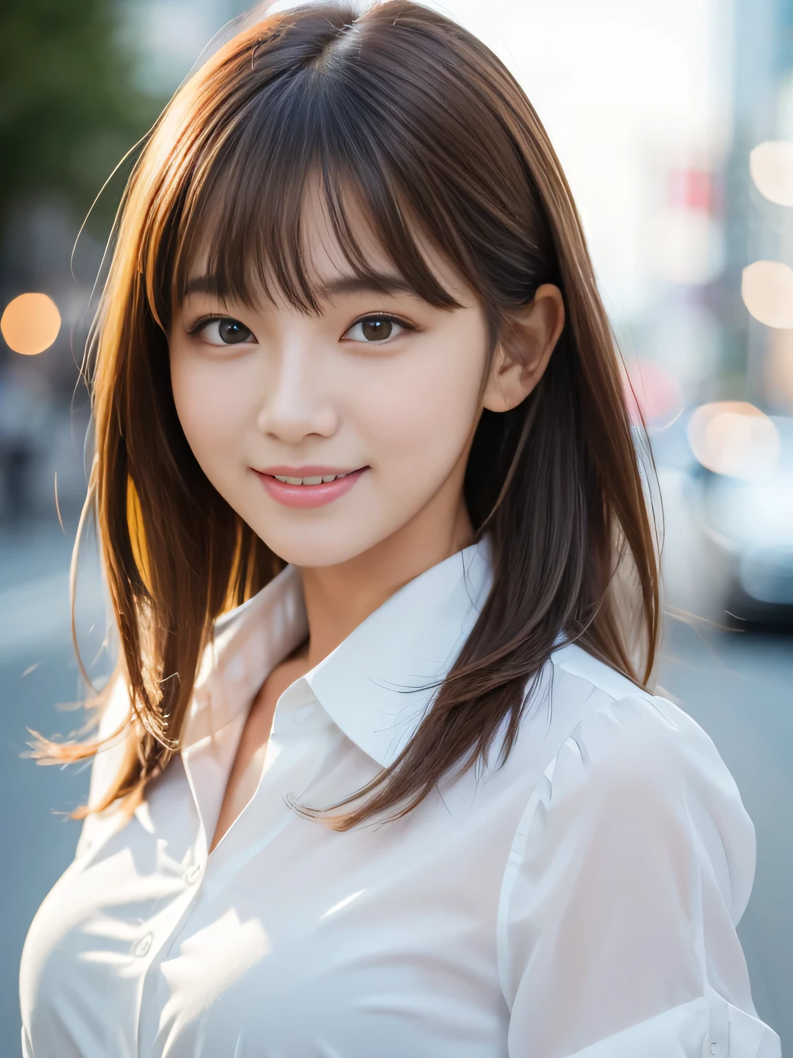 Ultra High Definition, Superior Quality, Premier Quality, ultra detailed, Photorealistic, 8k, RAW Photos, highest quality, masterpiece, Attractive girl, Stunning girl, Brown Hair, Shoulder Length Layered, asymmetrical bangs, K-pop Idol, Sophisticated girl, white shirt with collar, Shibuya, seductive smile, face close up