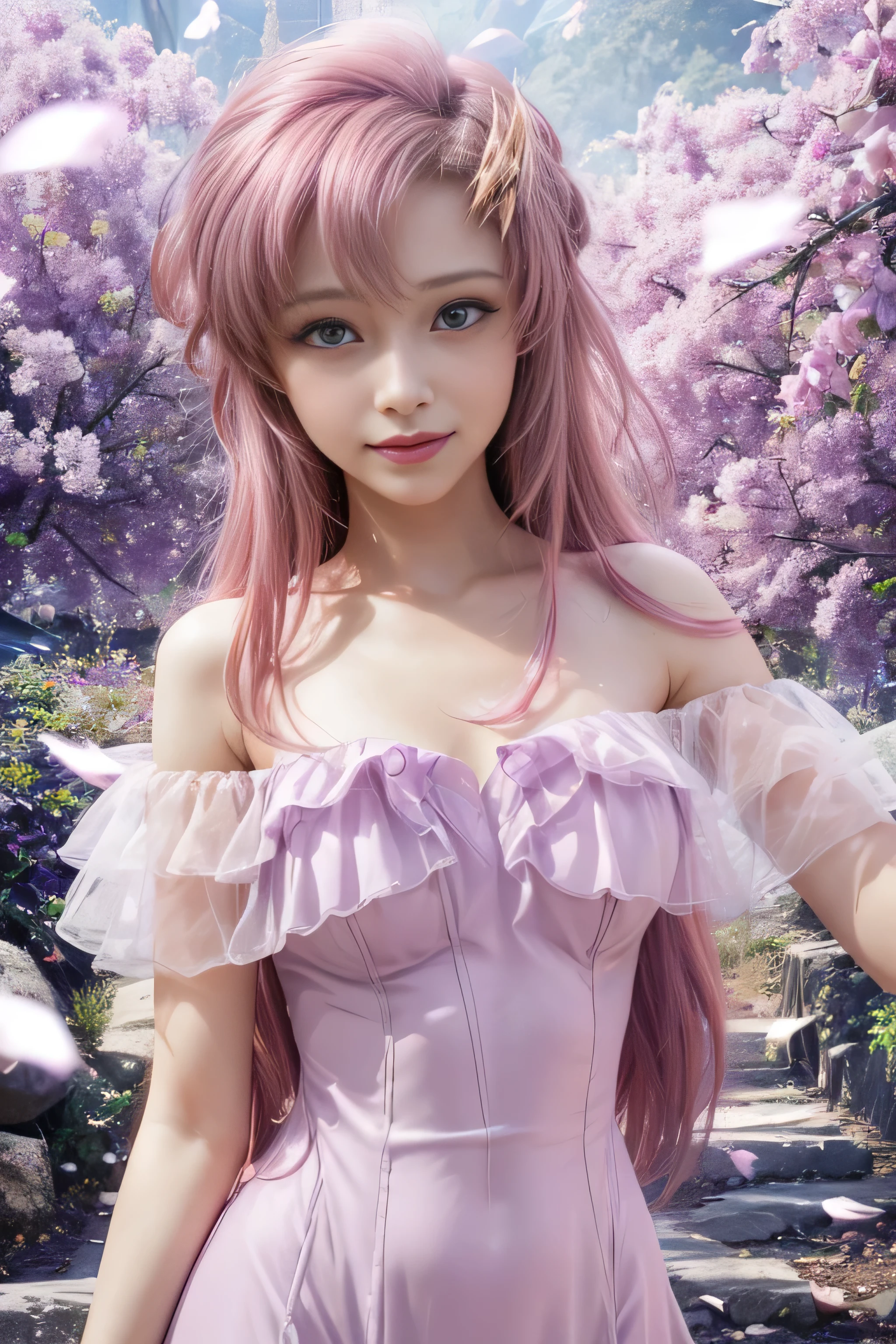 masterpiece, best quality, (realistic,photo-realistic:1.4), (RAW photo:1.2), extremely detailed CG unity 8k wallpaper, delicate and beautiful, amazing, finely detail,official art, absurdres, incredibly absurdres, huge filesize, ultra-detailed, extremely detailed, extremely detailkcaled girl,extremely detailed eyes and face, light on face,(little smiles:1.3),long hair,(pink hair:1.3),garden,small breast,(purple eyes:1.5),lacus clyne,nature,(purple dress:1.5),(wering dress:1.4)