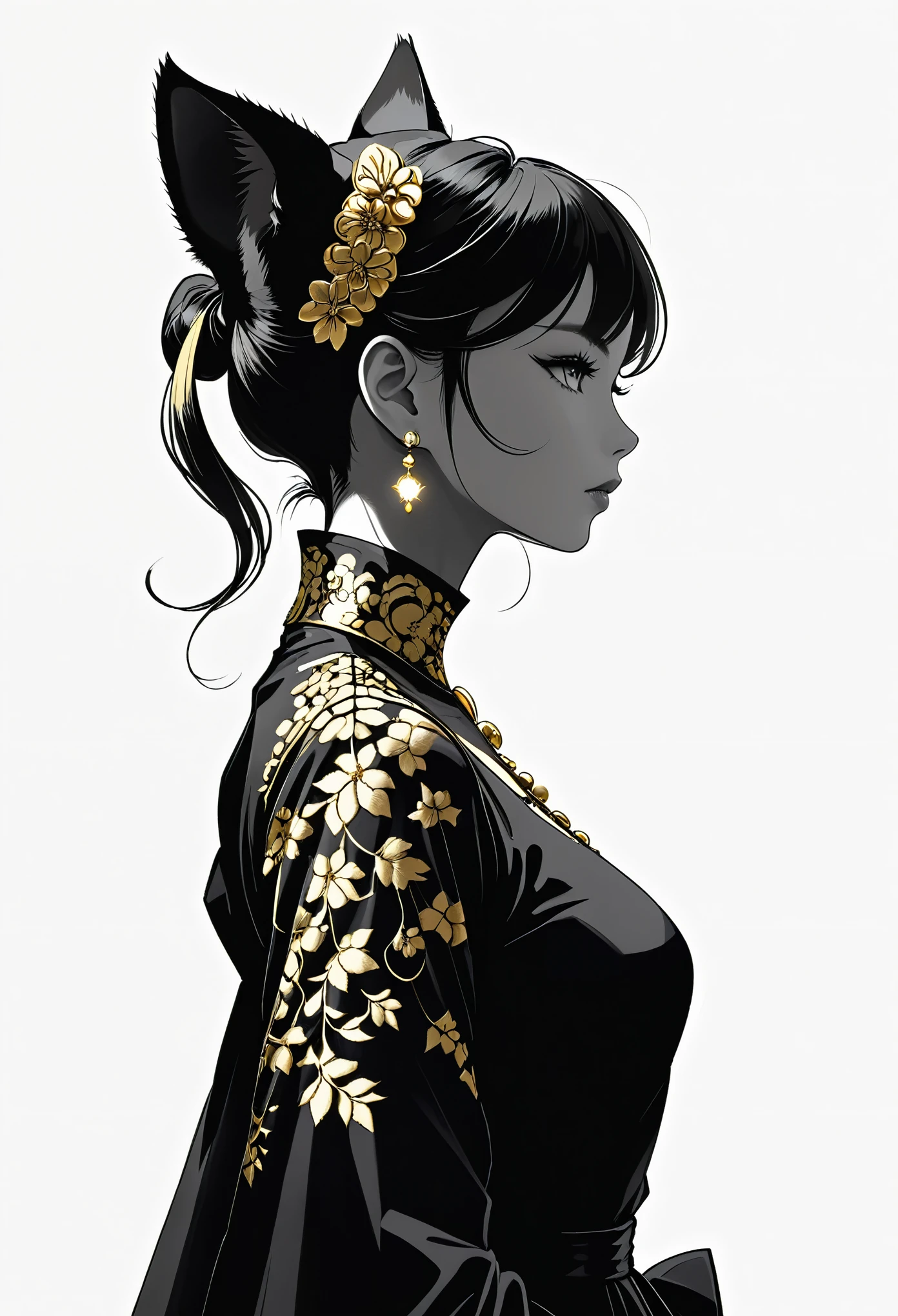 (Ashley Wood (Ashley Wood) style of:1.4)，Black and gold color combination，Silhouette，动漫Silhouette风格，1 Girl，Cat ear，Gorgeous黑色，Gold embroidered dress，Sparkling gold，金色的圆形背景上有一些黑色的Silhouette，monochrome，Profile，90 degree tilt of neck，Face up，Oblique composition，(Extremely detailed and complex, Hyperpolarizers, elegant, Gorgeous, Surrealism, Very detailed:1.1)