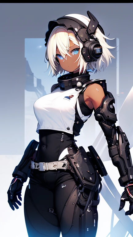 ((Highest quality))，masterpiece，Ultra-high resolution，One Woman，A dark-skinned woman in her 20s，Anime Women，Short blonde hair，Asymmetrical Shorts，blue eyes，Rin々Nice face，A listless look，Lazy face，White sleeveless shirt，Black tight pants style，Elbow-length combat mecha gloveetallic tech boots，