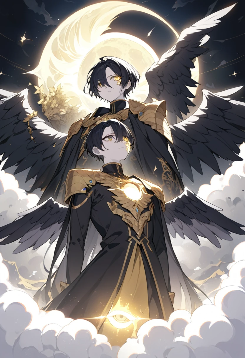 1man, angel, pale skin, black hair, very short hair, white hairlocks, golden eyes, broken face, crack on the face, radiance coming from the crack, missing eye, black wings, eyed wings, black robes, golden details, golden shoulder pads, golden prothesis in right hand, clawsprothesis, eclipse, in the hand of god, radiance