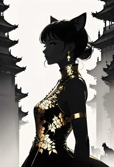 (Ashley Wood (Ashley Wood) style of:1.4)，Black and gold color combination，Silhouette，动漫Silhouette风格，Flat 2D illustration，1 Girl，...