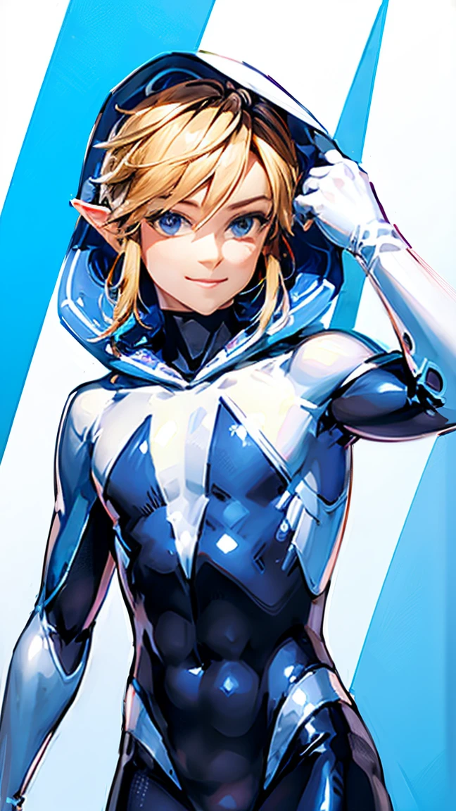 ((Masterpiece), (best quality), ((1  male, male body, male face, Link)), cute, smile, short blonde hair, blue colored eyes, feminine pose , (hooded bodysuit)