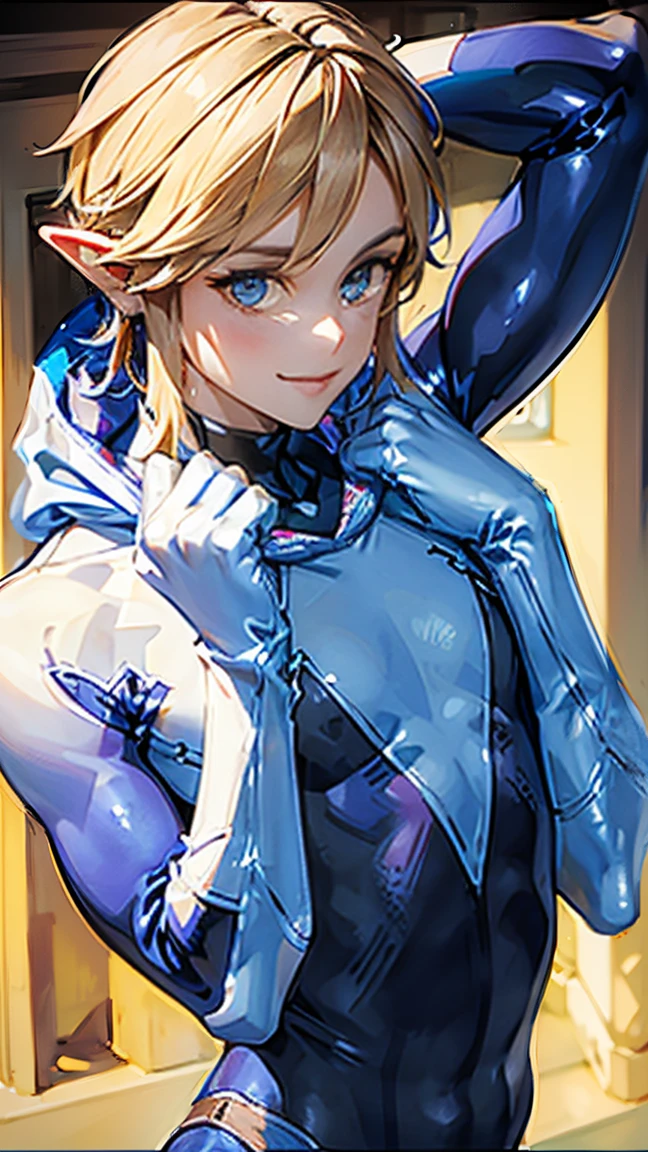 ((Masterpiece), (best quality), ((1  male, male body, male face, Link)), cute, smile, short blonde hair, blue colored eyes, feminine pose , (hooded bodysuit)