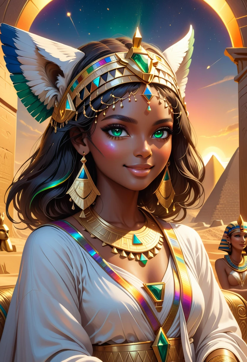 Beautiful Desert Princess, dark skin, Delicate face, Rainbow Emerald Eyes, Beautiful and delicate eyes, Beautiful and delicate lips, extremely Delicate face, Smile confidently, Complex headdress, Elegant robes, Mysterious eyes, Sphinx, Throne of Egypt, The Great Pyramids in the background, Gold jewelry, Warm Lights, Reality, Very detailed, 8K, Dramatic Lighting, fantasy, Movie