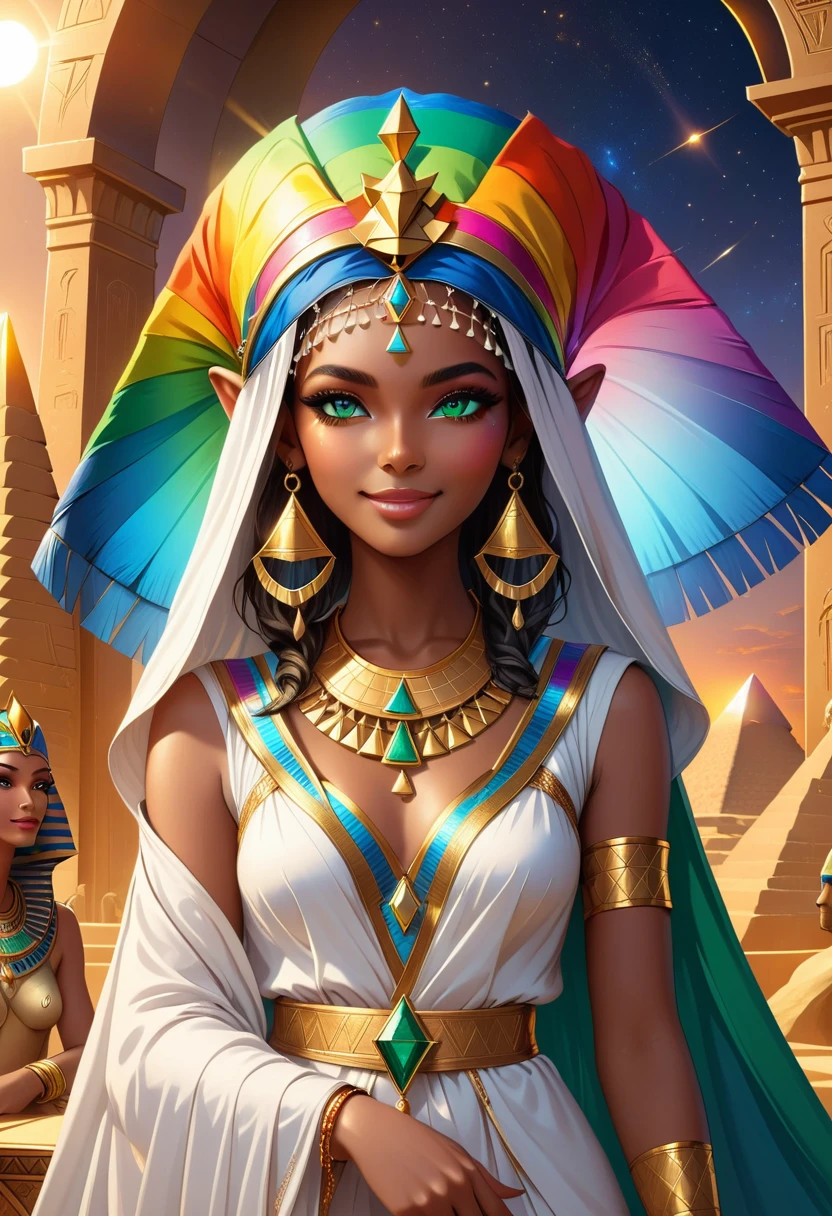 Beautiful Desert Princess, dark skin, Delicate face, Rainbow Emerald Eyes, Beautiful and delicate eyes, Beautiful and delicate lips, extremely Delicate face, Smile confidently, Complex headdress, Elegant robes, Mysterious eyes, Sphinx, Throne of Egypt, The Great Pyramids in the background, Gold jewelry, Warm Lights, Reality, Very detailed, 8K, Dramatic Lighting, fantasy, Movie