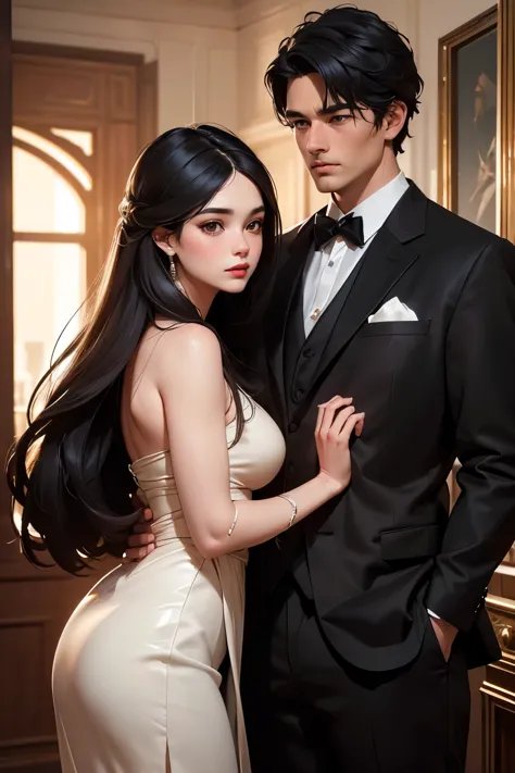 a girl and boy standing in a room looking at each other, girl with long black hair, boy in formal attire, (best quality,4k,8k,hi...
