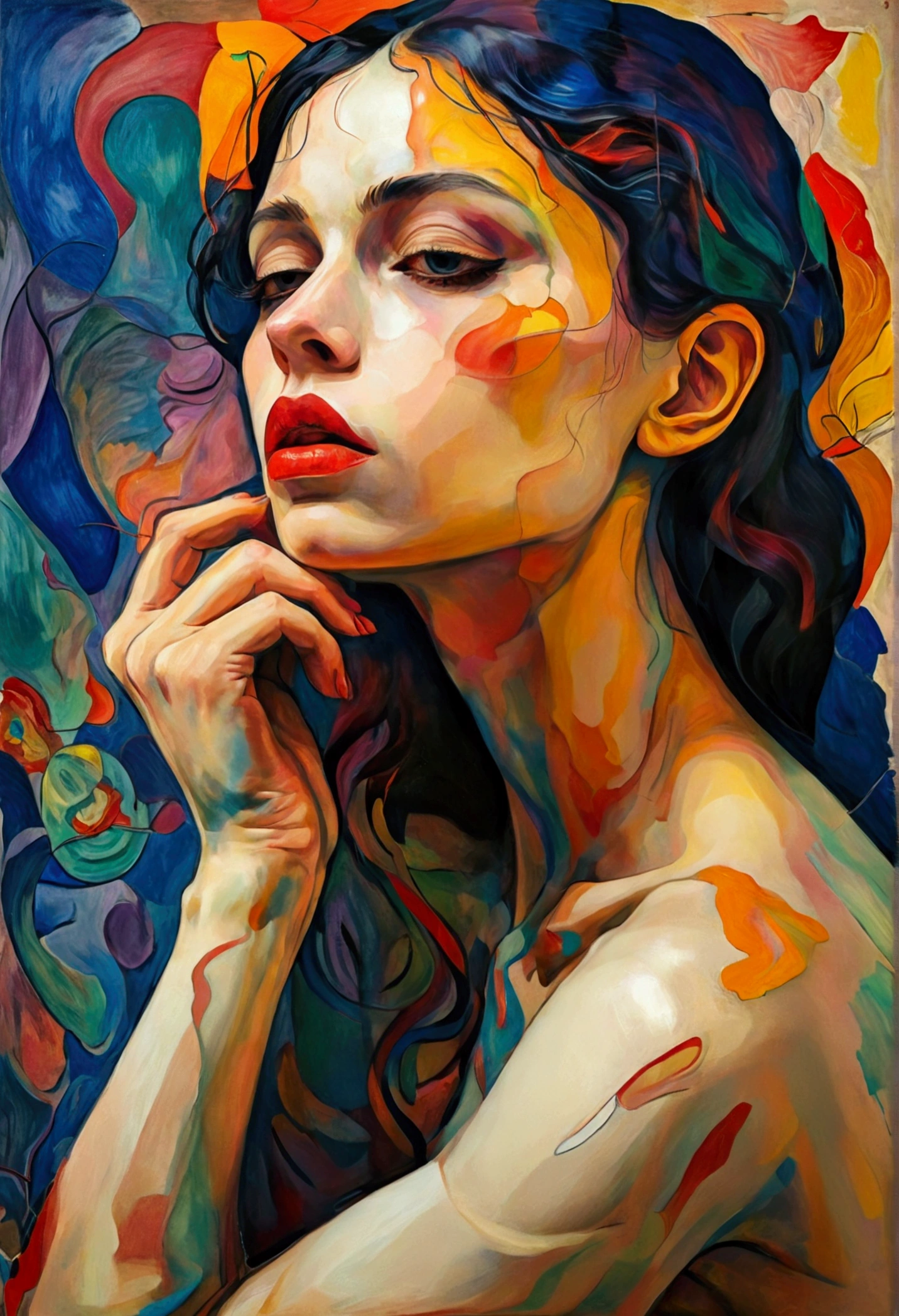 A sexy naked woman holding his chin in thought, colorful abstract line art  in th - SeaArt AI