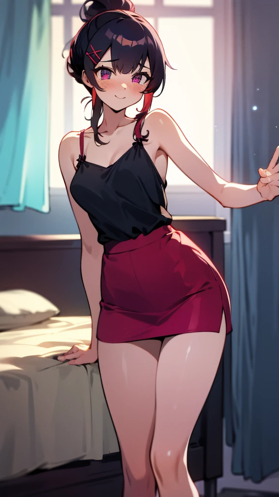 high tail hairstyle, Ponytail hairstyle, Long wavy black hair, standing posing, anime girl style, pixel art anime style,penetrating look with deep eyes,red and purple eyes, hair with a ponytail hairstyle trapped with a big red bun, Women, red hair clips, x color shaped hair clips , smiling face blush, next to his bed, lingerie, Tank Top, Black hair, mini skirt, big thighs,