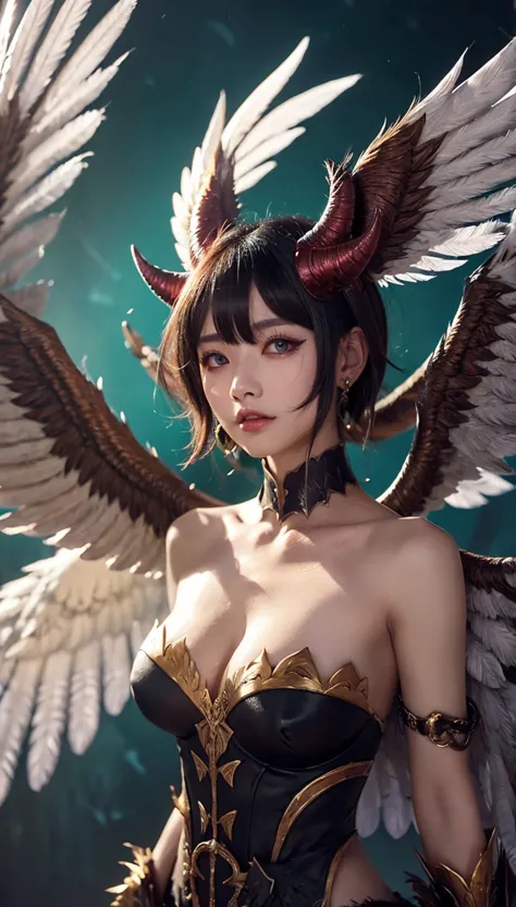Mythical feathered wings demon horns
