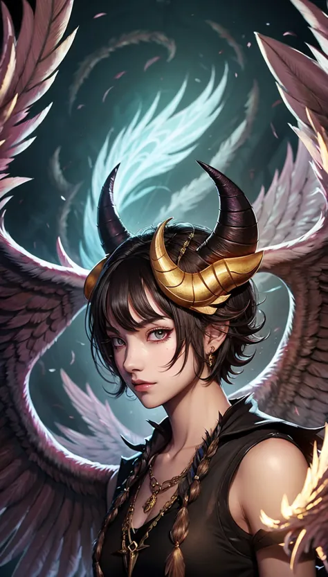 Mythical feathered wings demon horns
