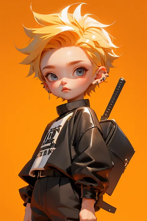 Blind Box,Simple Background, One boy, Very short, spiky hair,Blonde Hair Color,Black rubber gloves,Black work clothes