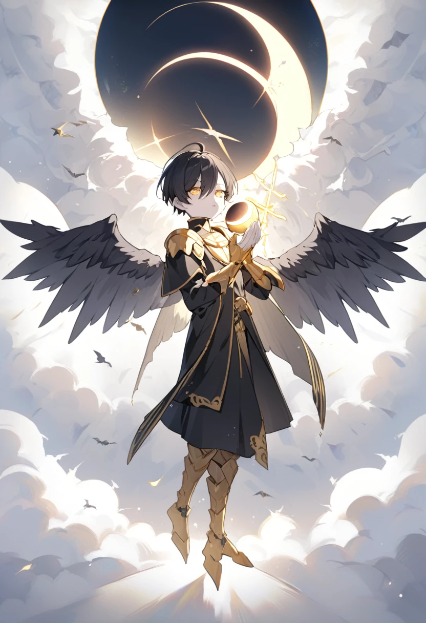 1man, angel, pale skin, black hair, very short hair, white hairlocks, golden eyes, broken face, crack on the face, radiance coming from the crack, missing eye, black wings, eyed wings, bird legs, black robes, golden details, golden shoulder pads, golden prothesis in right hand, clawsprothesis, sword-cross on hands, eclipse, in the hand of god, radiance, fullbody