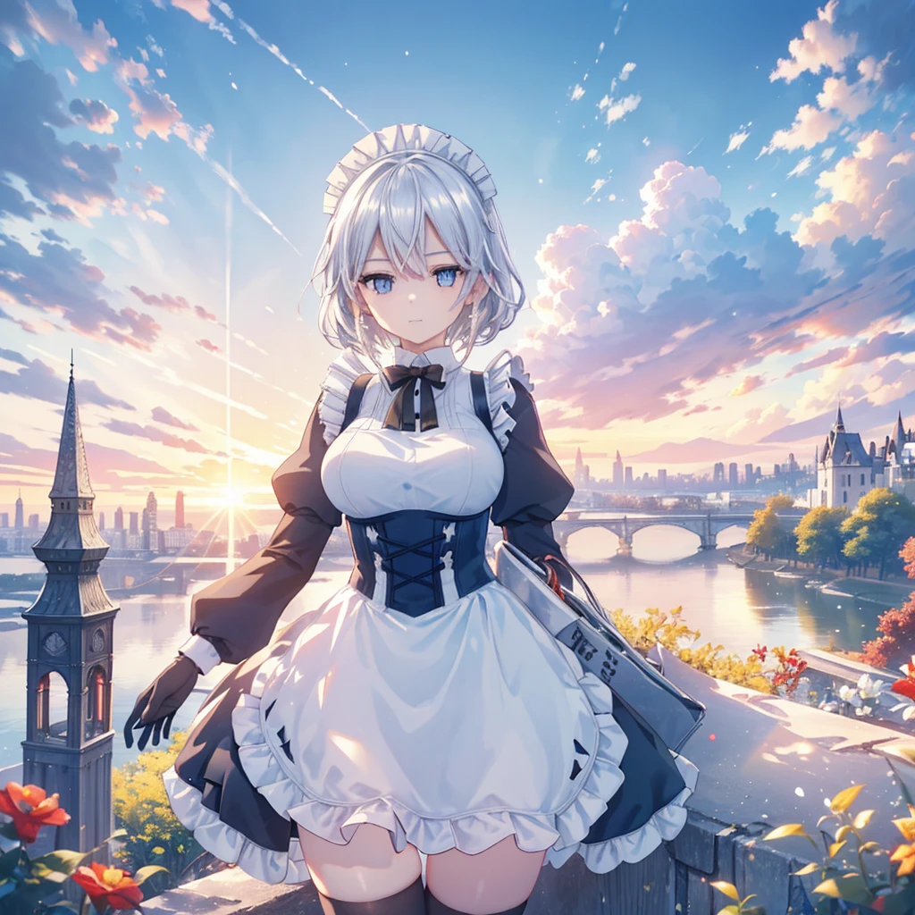 Illustration of one person, Dengeki Bunko, Woman Looking Back, Perfect Human Medicine, Woman keeps falling, {{{{{Maid clothes}}}}},Small Tits,anime, Two legs, Cool,{{{{{50 year old woman}}}}} ,{{{{{a person is depicted}}}}},(Official Art、{{{{{Upper Bodyアングル}}}}},Highest quality、Unity 8k wallpaper、32k、masterpiece、Ultra-detailed、Ultra-high resolution, Realistic、Grab your hair with your hands, Photorealistic:1.2)、(Cinema Lighting:1.2)、,Fire Glow Effect、The most grainy shadows on the film、Rim Light、Side light、Side Shot、(Ultra-detailedで複雑な3Dレンダリング)、Very short hair, Short wolf hair,細部までBeautiful Faceと目、Sharp pupils、Realistic生徒、Slender、Highly detailed background、Beautiful Face、Beautiful 16 year old girl、(Ultra-detailedなスキン、Detailed skin texture:1.Silver Hair:1.3)、Blunt bangs、blue eyes、{{{{{黒いMaid clothes}}}}}、White apron costume、Black knee socks、(Thighs Thighs Thighs Thighs:0.8)、Black Bhutanese sticks and a beautiful sunset、Medieval castle、Dancing on the Tower Roof、(avert your eyes、Overlooking the city:1.3)、Fantastic、Close your mouth and bite, Makes your face smaller, (Tabletop), Highest quality, Perfect Face, 1 Girl, alone, Eye color is light blue, Hair between the eyes, Very Short Hair, blue eyes, Silver Hair, Knee-high boots, corset,Black gloves, Long sleeve, Upper Body,