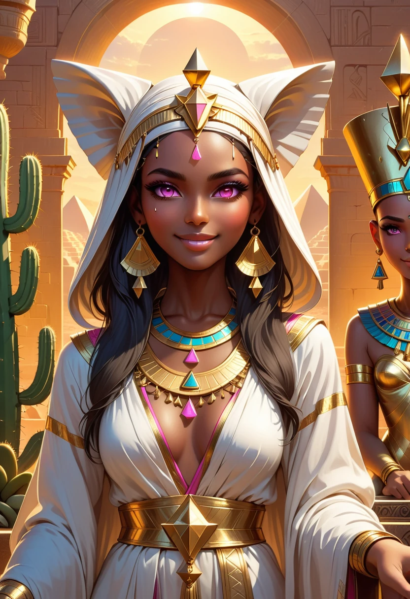 Beautiful Desert Princess, dark skin, Exquisite facial features, Pink eyes, Eye details, Smooth skin, Smile confidently, Complex headdress, Elegant robes, Mysterious eyes, Sphinx, Throne of Egypt, The Great Pyramids in the background,Cactus background with golden ornaments, Warm Lights, Reality, Very detailed, 8K, Dramatic Lighting, fantasy, Movie