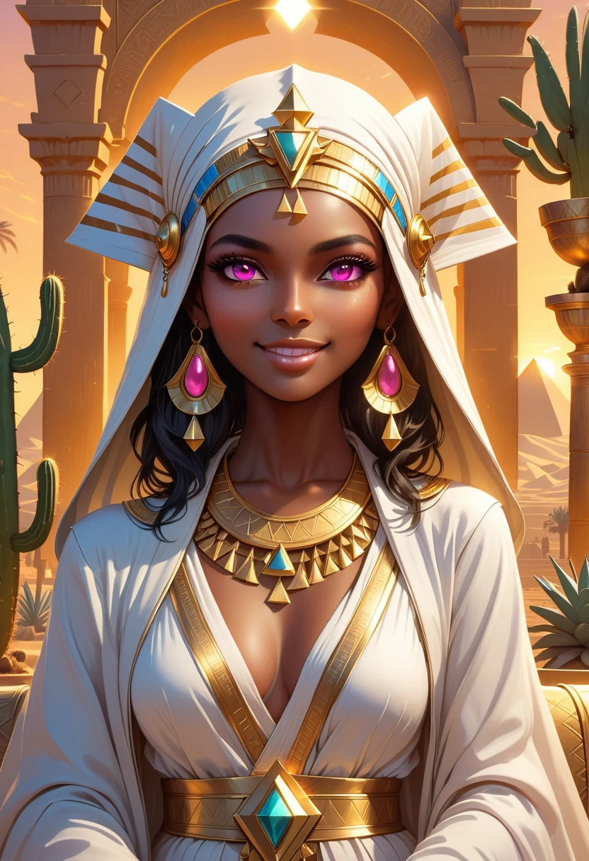 Beautiful Desert Princess, dark skin, Exquisite facial features, Pink eyes, Eye details, Smooth skin, Smile confidently, Complex headdress, Elegant robes, Mysterious eyes, Sphinx, Throne of Egypt, The Great Pyramids in the background,Cactus background with golden ornaments, Warm Lights, Reality, Very detailed, 8K, Dramatic Lighting, fantasy, Movie