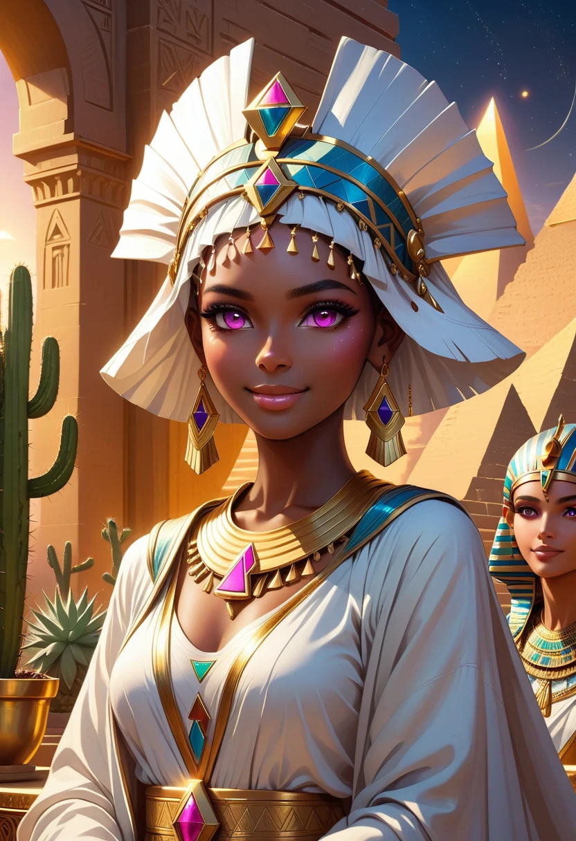 Beautiful Desert Princess, dark skin, Exquisite facial features, Pink eyes, Eye details, Smooth skin, Smile confidently, Complex headdress, Elegant robes, Mysterious eyes, Sphinx, Throne of Egypt, The Great Pyramids in the background,Cactus background with golden ornaments, Warm Lights, Reality, Very detailed, 8K, Dramatic Lighting, fantasy, Movie