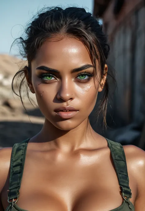 raw photo, a woman in a crop top and a black blouse, perfect face, fine details, realistic shading, fierce expression, sweat on ...