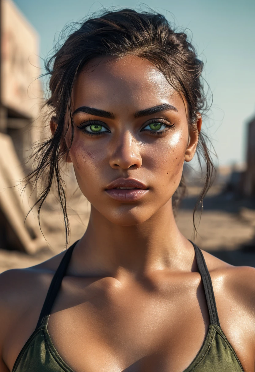 RAW photo, A woman in a crop top and a black blouse, perfect face, fine details, realistic shading, fierce expression, sweat on her face, 1 hyper-realistic real photo, frontal close-up, Completely Arafed woman with green eyes, head held high. of a strong, muscular woman, determined expression, fierce look, athletic build, confident pose, beautiful young black woman of 25 years old with voluminous dark skin with highlights, green eyes, beautiful green eyes, realistic and detailed, symmetrical, hyper-realistic green eyes (eyeliner, long and perfect choices, the nose is small and proportional to the face and the soft contour of the face that accentuates the high cheekbones, protective and defined lips, full lips, voluminous lips). The face is oval, with high cheekbones and a well-defined chin, a beautiful and detailed face. Skin tone: Olive skin, healthy and evenly glowing, with olive skin, specific skin texture, beautiful and shiny skin, intricate details, smooth skin, healthy and radiant appearance. Hourglass body, voluptuous body, slender woman, perfect body, a brunette goddess. 50mm lens, f/2.8, hdr, RAW photo (8K), high quality resolution 8K uhd, dslr, 2k, 4K, 8K, 16K. photographic photo photography, 800 for Kodak door, 35mm photography, film, bokeh, professional, 4K, highly detailed, an intimidating look, looking in front of the camera, look straight ahead, anger in her eyes, look of revenge on her face, a burning kingdom in the background, and blood smeared on his face, professional post-apocalyptic style photo set, incredibly detailed, intricate wasteland landscape background, (((Artwork))), maximum quality, 8K, Ultra high resolution, High contrast, Low saturation, (realistic:1.4), )), cyberpunk street clothing, grunge style, textured, distressed, edgy, dirty, noisy, street, point of view, face. Hyperrealistic sandy 8k 18+ dirty beautiful epic high resolution composition
