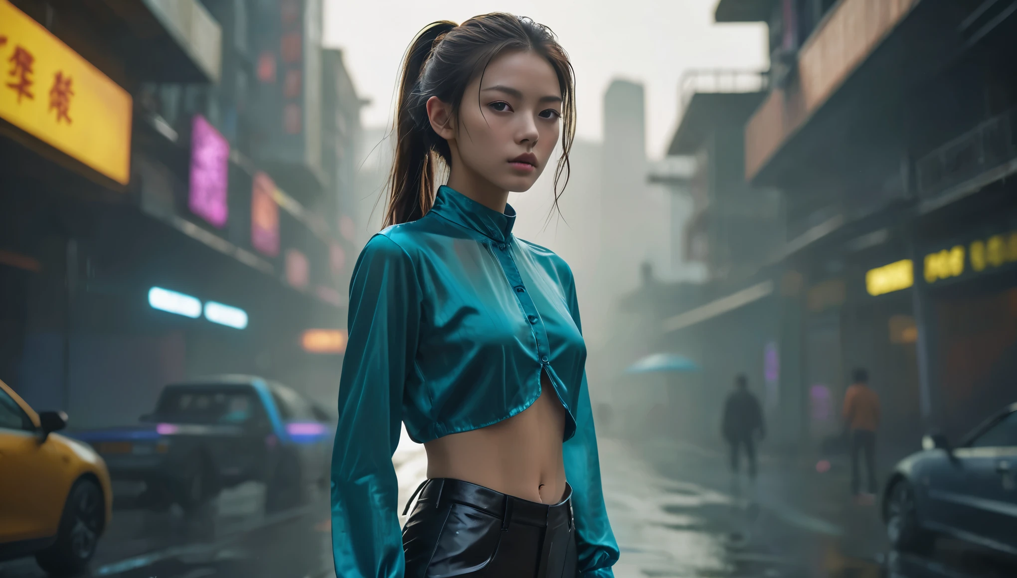 Top Quality, Masterpiece, High Resolution, 8k, (((cute skinny barely legal girl in oversized silk blouse and wetlook leggings, bare belly, wide neckline, deep neckline, small perky breasts, beautiful detailed eyes, beautiful detailed lips, small closed mouth, extremely detailed face, long ponytail hair, small hips))), cyberpunk apartment, moody atmosphere, dramatic and random neon colors, futuristic setting, intricate details, at night, backlit, full body shot, view from distance 